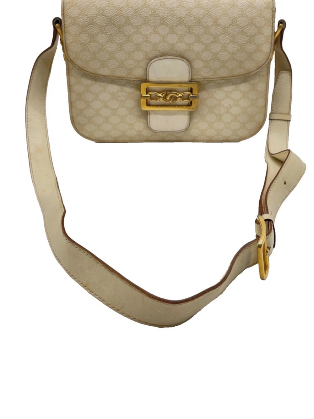 Auth Celine Macadam PVC Leather White Shoulder Bag